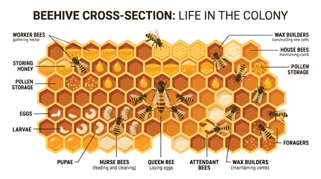 Beehive cross section life in the colony diagram