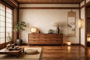 Fototapeta premium Elegant Japanese room design with wooden dresser, wall mockup, and parquet flooring