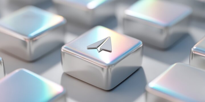 Messaging Icon Key: A close-up, macro view of a metallic keycap featuring a stylized paper airplane icon, symbolizing communication and digital messaging.