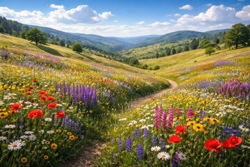 Obraz premium Wide view of vibrant grassland filled with wildflowers on gentle hills during a sunny summer day