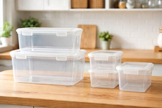 Transparent plastic storage containers with copy space on wooden surface