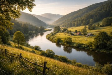 Obraz premium Peaceful rural area showcasing a river bending among hills