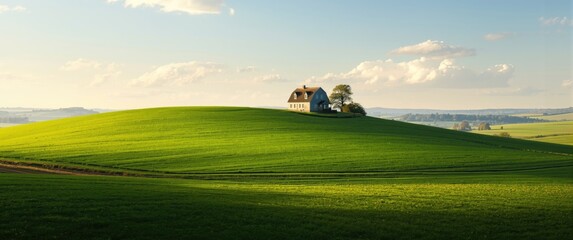 Naklejka premium Rural Landscape with Rolling Green Hills and House Serene Atmosphere, Soft Light, Wide View