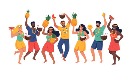 Tropical Celebration: A vibrant group of people enjoy a festive tropical gathering, complete with leis, fruit, and tropical drinks, dancing with joy and abandon. © mstmahmuda