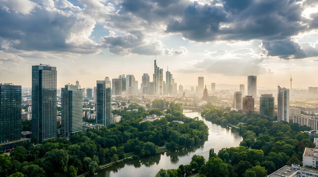 Panoramic view of the frankfurt skyline with the main river