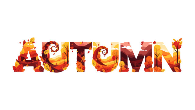 Autumn typography with seasonal foliage: The word Autumn is creatively depicted with letters formed by a collage of autumn leaves, trees, and landscapes in warm, earthy tones.