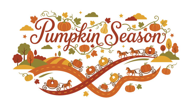 Autumn Harvest Celebration: A whimsical illustration depicts a vibrant scene of Pumpkin Season with pumpkins on carriages, horse-drawn carts, and festive autumn foliage.