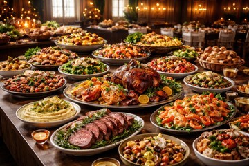 Fototapeta premium richly colored banquet buffet offering numerous types of prepared meals and sides