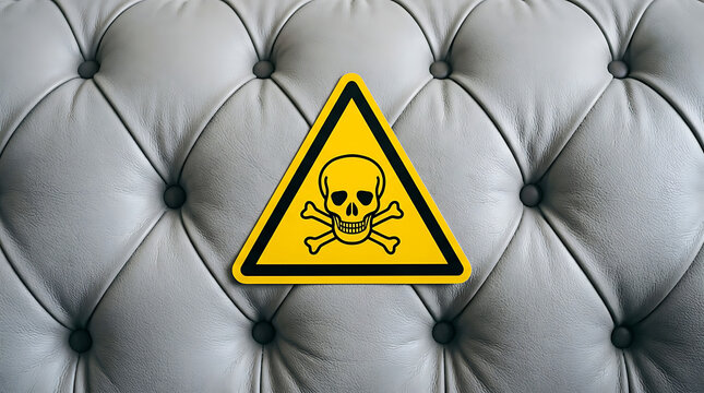 Prominent yellow hazard sign with skull and crossbones symbol against a textured tufted background, indicating danger