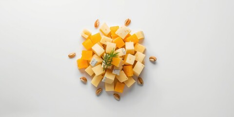 Fototapeta premium Cheese cubes variety styled against a crisp white studio backdrop