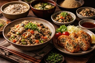 Fototapeta premium Authentic Japanese food using okara soy pulp for nutritious dining