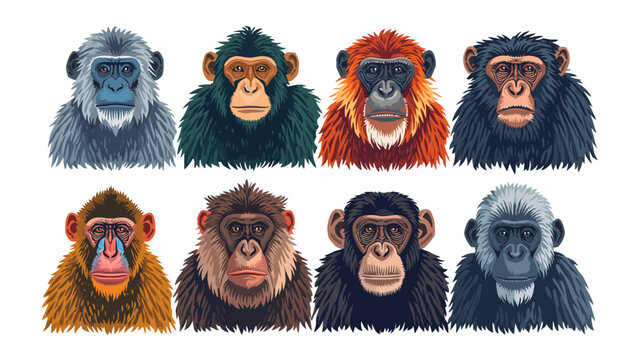 Diverse Primate Portraits: A collection of eight distinct primate portraits, each showcasing a unique species of monkey or ape with varied fur colors and facial features.