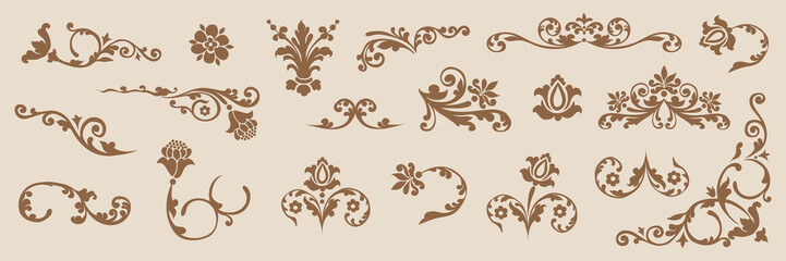 Set of elements in the Russian Slavic style for book design. Rich, luxurious patterns for menu design. Elegant wedding invitation design. © Natali
