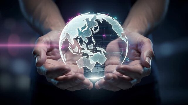 Hands holding glowing digital globe with global network connections symbolizing future technology and worldwide connectivity