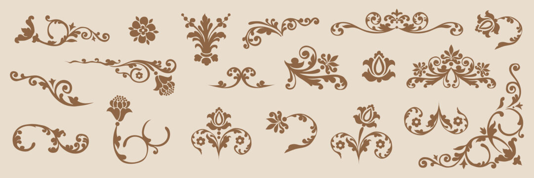 Set of elements in the Russian Slavic style for book design. Rich, luxurious patterns for menu design. Elegant wedding invitation design.