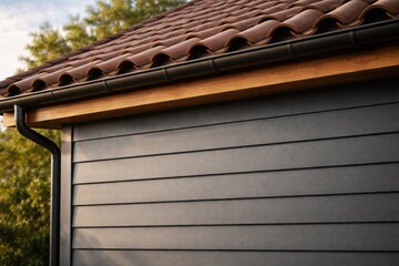 Naklejka premium Close-up of a stylish house exterior highlighting fiber cement siding and wooden ledge under terracotta roof tiles with space for design copy