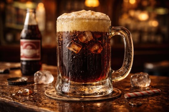 Retro themed mug holding chilled root beer