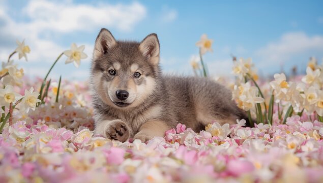 Bright eyed gray wolf pup playing amid spring blossoms