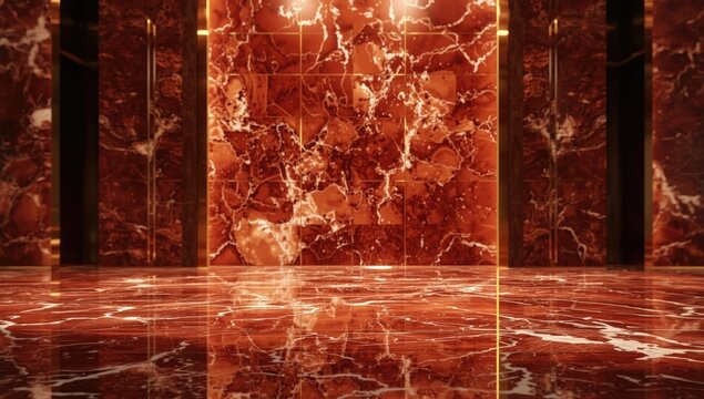 Cinematic bokeh backdrop for luxury hotel reception with elegant red agate marble tiles