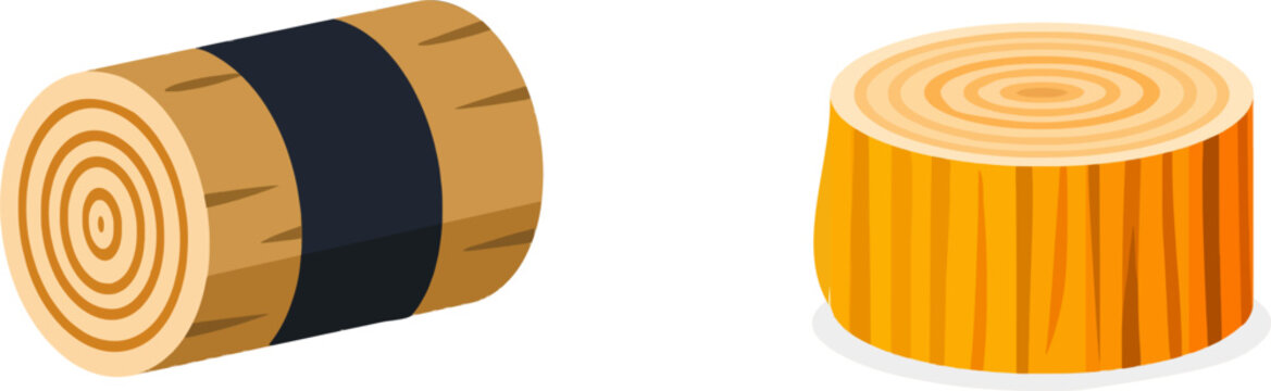 A whimsical campfire log crafted from cardboard, adorned with wood rings and a black band, stands isolated against a pristine white backdrop in an outdoor cartoon setting