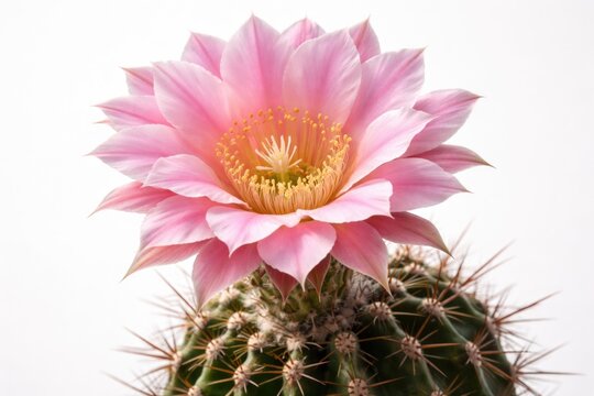 Pink echinopsis hybrid blossom with spines against white background