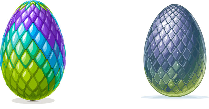 A vividly colored dragon egg, crafted from iridescent purple and green cardboard with a scale pattern, stands isolated on a pristine white background, exuding fantasy cartoon charm in crisp vector art