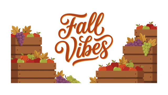Fall Vibes Rustic Harvest: Rustic wooden crates overflow with a vibrant assortment of autumn fruits, including grapes, apples, and pears, complemented by scattered fall leaves.