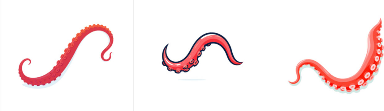 A vibrant red octopus tentacle with wavy waves and simple suction cups floats gracefully against a white background in this cartoon illustration