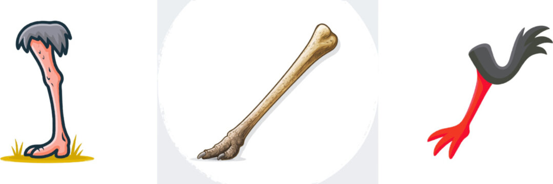 A long, scaly ostrich leg from cardboard stands gracefully on a patch of grass in the savanna, its pinkish hue contrasting with the gray-pink material