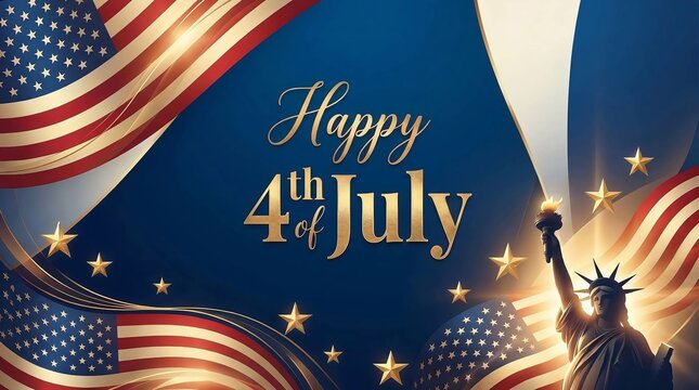 Happy Fourth of July Celebration with American Flag and Statue of Liberty