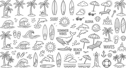 Fototapeta premium Beach Summer Vibes Collection: Surf, Waves, Palm Trees, and Sea Creatures Illustrations