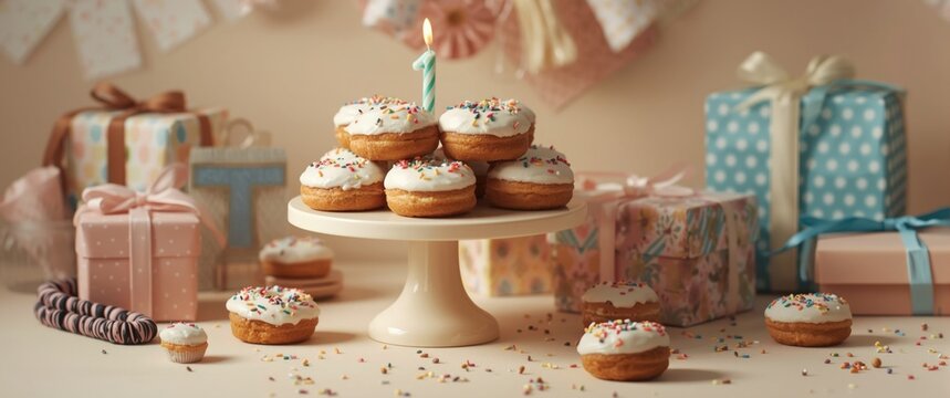 A charming birthday setup with cake donuts topped in white frosting and colorful sprinkles arrayed on a petite tiered stand surrounded by gift packages and a single candle marked one
