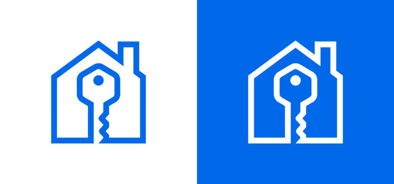 Blue house and key line art icon for real estate with property branding business mortgage residential minimalist identity ownership investment building architecture commercial template