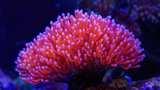 Vibrant Zoanthid Polyps in Coral Reef Aquarium Close-Up, Neon Colors, High Detail