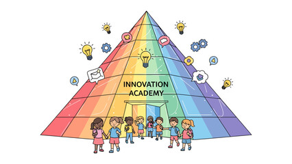 Innovation Academy Pyramid: A vibrant, rainbow-colored pyramid symbolizing an Innovation Academy stands tall, with a group of diverse children gathered at its entrance. © mstmahmuda