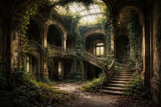 Interior of a vintage forsaken edifice embraced by lush foliage