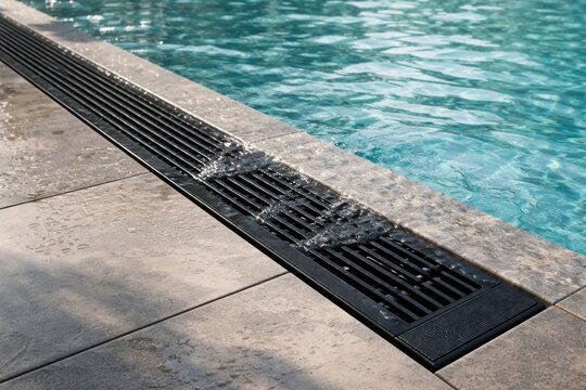 Stylish black poolside gutter placed near swimming pool edge to handle overflow drainage