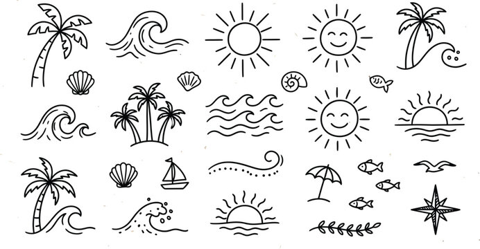 Beach, Tropical, Summer Icons - Palm Trees, Waves, Sun, Sea Shells, Fish, Sailing, and More