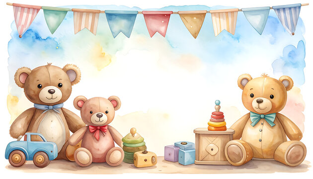 Watercolor illustration of three teddy bears and baby toys, with pastel-colored bunting flags and soft cloudy sky backdrop, perfect for nursery decor