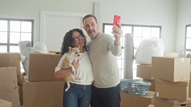 Man and woman hold a small dog while checking a red smartphone, smiling and leaning close among stacked moving boxes inside a building; new home joy.