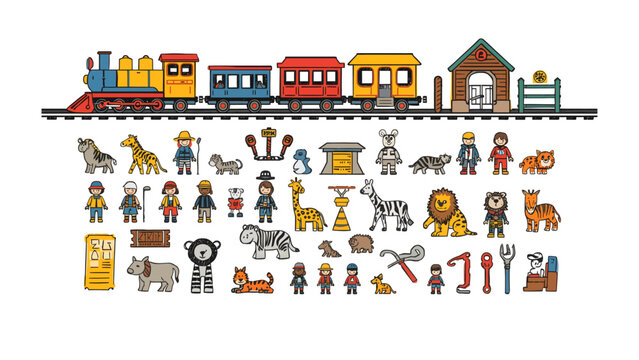 Pixelated Carnival Train and Characters: A charming, retro pixel-art style scene featuring a colorful train with carriages, a station, and a collection of playful characters and animals.