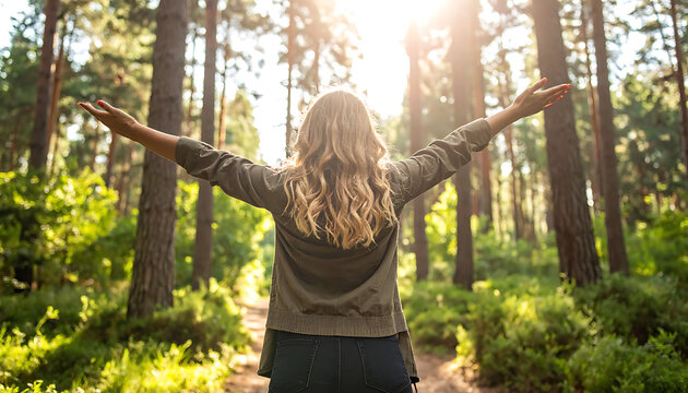 Woman with arms outstretched in a sunlit forest, embracing nature's beauty and tranquility
