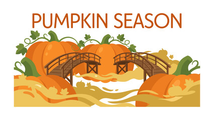 Obraz premium Autumn Harvest Delight: A whimsical illustration celebrating the abundance of pumpkin season, featuring ripe pumpkins, decorative bridges, and swirling autumn leaves.