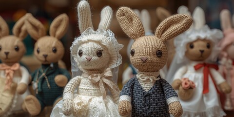 Fototapeta premium Beautifully crafted knitted rabbits in wedding costumes for gift exchange