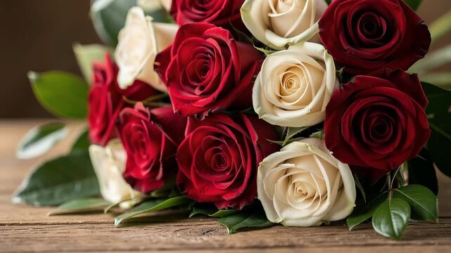 Close up bouquet of blooming red and white roses with fresh green leaves on rustic wooden table