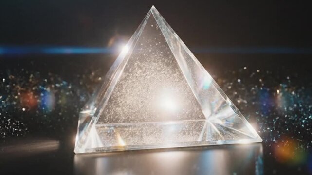 A clear glass pyramid with sparkling golden particles inside, illuminated by soft light against a dark background