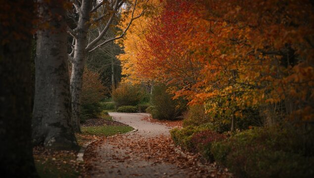 Autumn garden walkway featuring colorful leaves and calm atmosphere