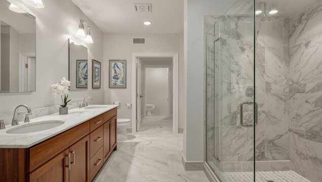 Bright master bathroom design featuring white double vanity with rich brown cupboards and marble walk in shower and copy space