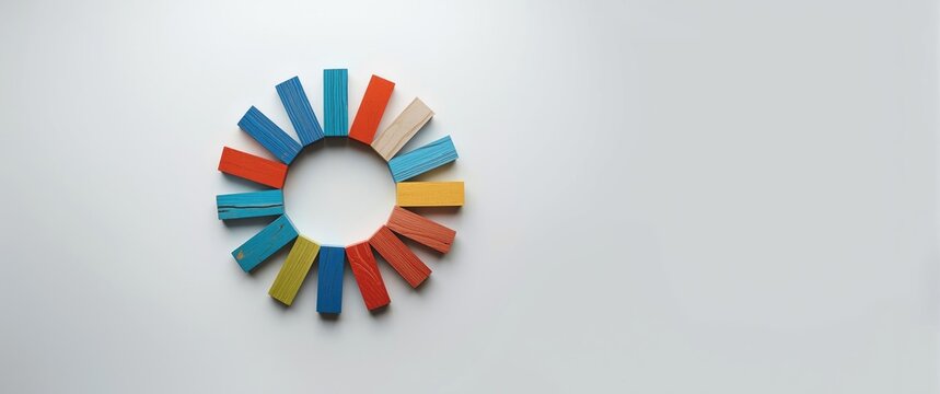 Artistic circle of colorful wooden blocks representing the collective unity in data and people centralization