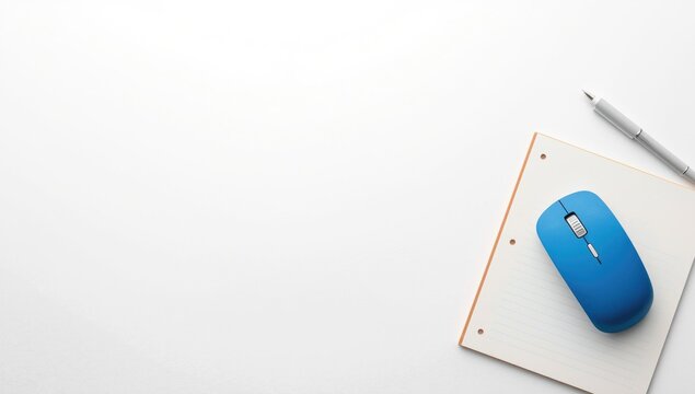 Blue Computer Mouse on Notepad with Pen Clean White Background, Negative Space